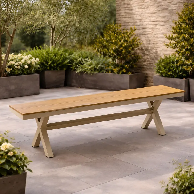 Banca gradina aluminiu sezut aspect lemn maxim 200 kg, 150x36x47 cm, rezistenta intemperii, bej