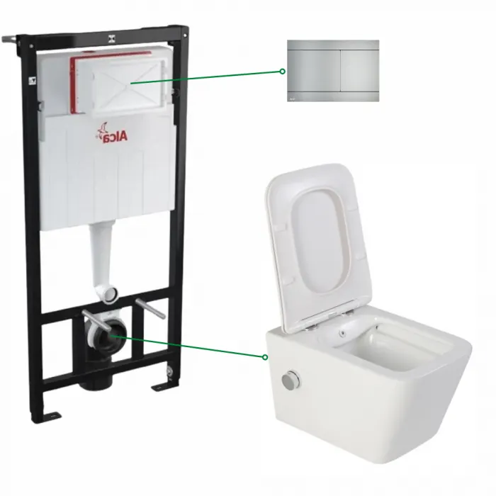Set vas wc suspendat cu functie de bideu si cu baterie crom inclusa Safari, rezervor wc incastrat cu clapeta aluminiu mat, Alcaplast