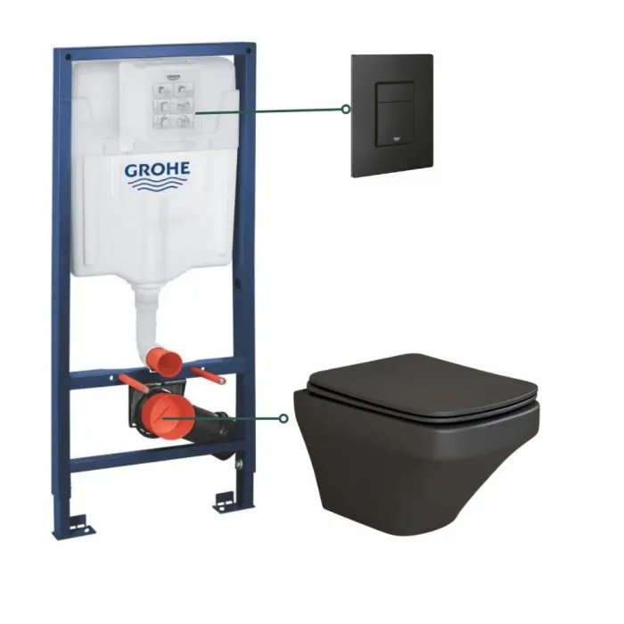 Set vas wc suspendat negru mat,rimless, Bristol si rezervor incastrat Grohe Solido 3 in 1 cu clapeta neagra mata Even