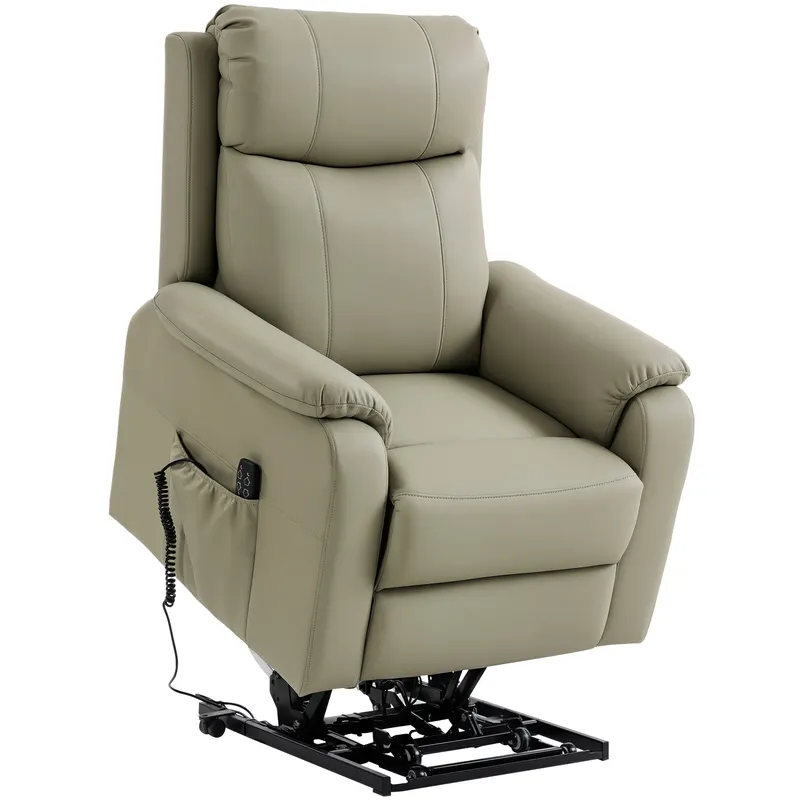 HOMCOM Fotoliu Electric cu Funcție de Ridicare Rabatabil 170° din Piele Ecologică Respirabilă cu 2 Motoare, Telecomandă, 4 Roți, Frână, Suport Picioare, Buzunare Laterale, Crem