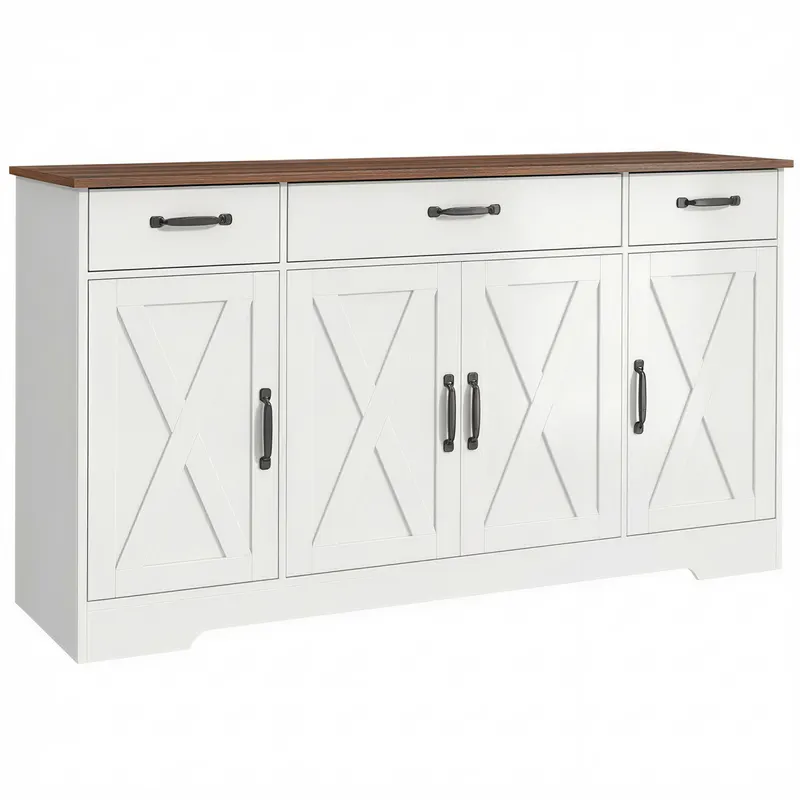 HOMCOM Bufet, mobilier de depozitare pentru bucătărie în stil rustic cu 4 uși tip hambar, 3 sertare, etajere reglabile, alb
