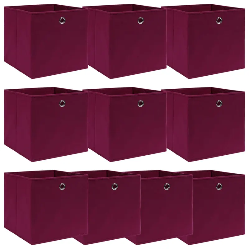 cutii depozitare, 10 buc., rosu inchis, 32x32x32 cm, textil