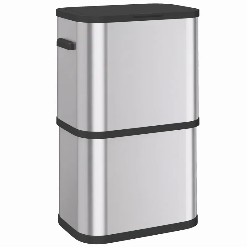 HOMCOM Coș de gunoi dreptunghiular 60L din oțel inoxidabil cu capac, închidere amortizată, fixare sac, argintiu