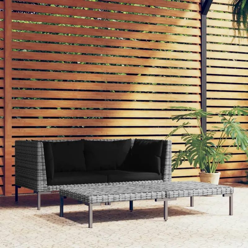 set mobilier gradina 3 piese, gri inchis, poliratan semi-rotund