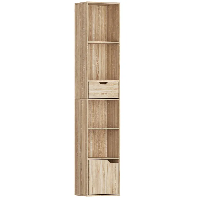 HOMCOM Raft Bibliotecă cu 4 Nivele Deschise, cu Dulap și Sertar, 30x24x158 cm, Lemn Natural
