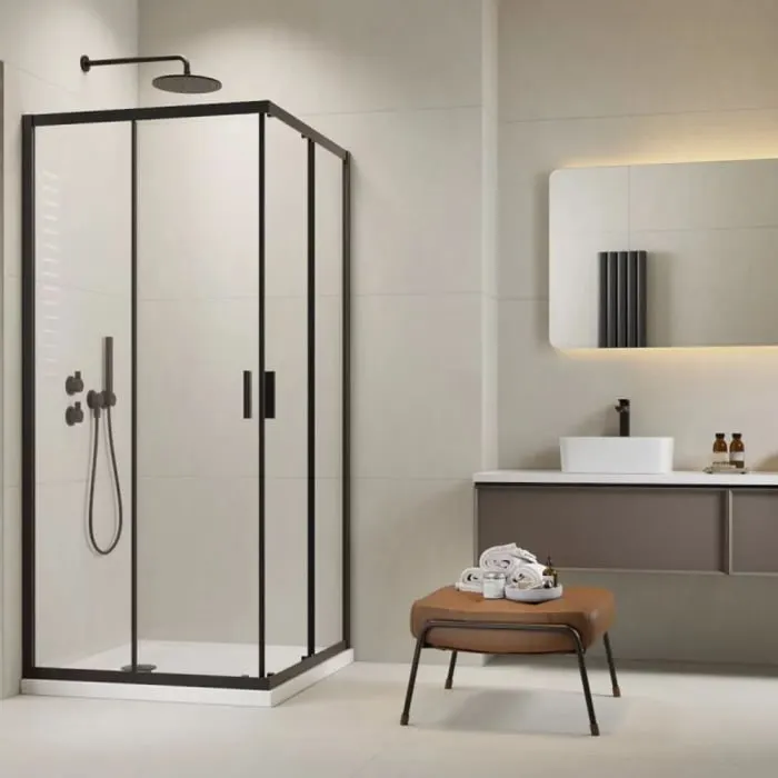 Set cabina de dus dreptunghiulara neagra Radaway Alienta Black D 100x80 cm, usi culisante, cadita Laros D Compact si sifon