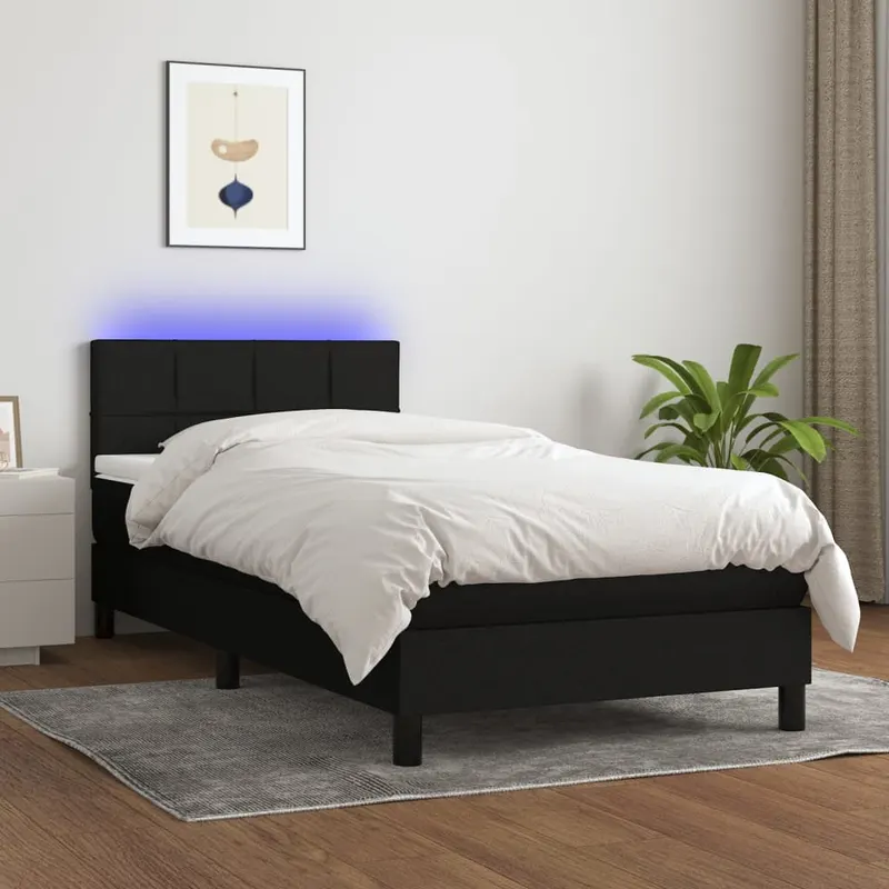 pat cu arcuri, saltea si led, negru, 80x200 cm, textil