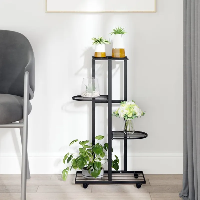 suport de flori cu 4 etaje, cu roti, negru, 44x23x80 cm, fier