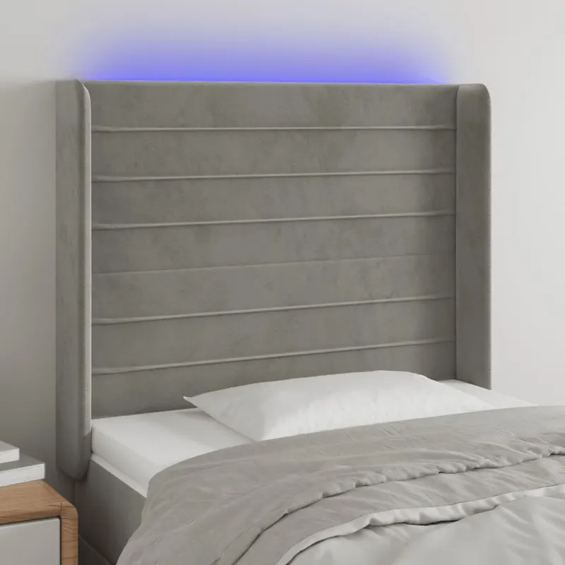 tablie de pat cu led, gri deschis, 93x16x118/128 cm, catifea