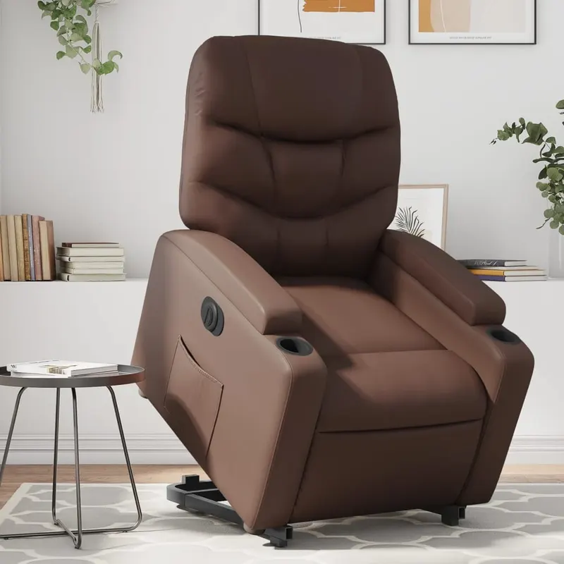 fotoliu rabatabil electric cu ridicare, maro, piele ecologica