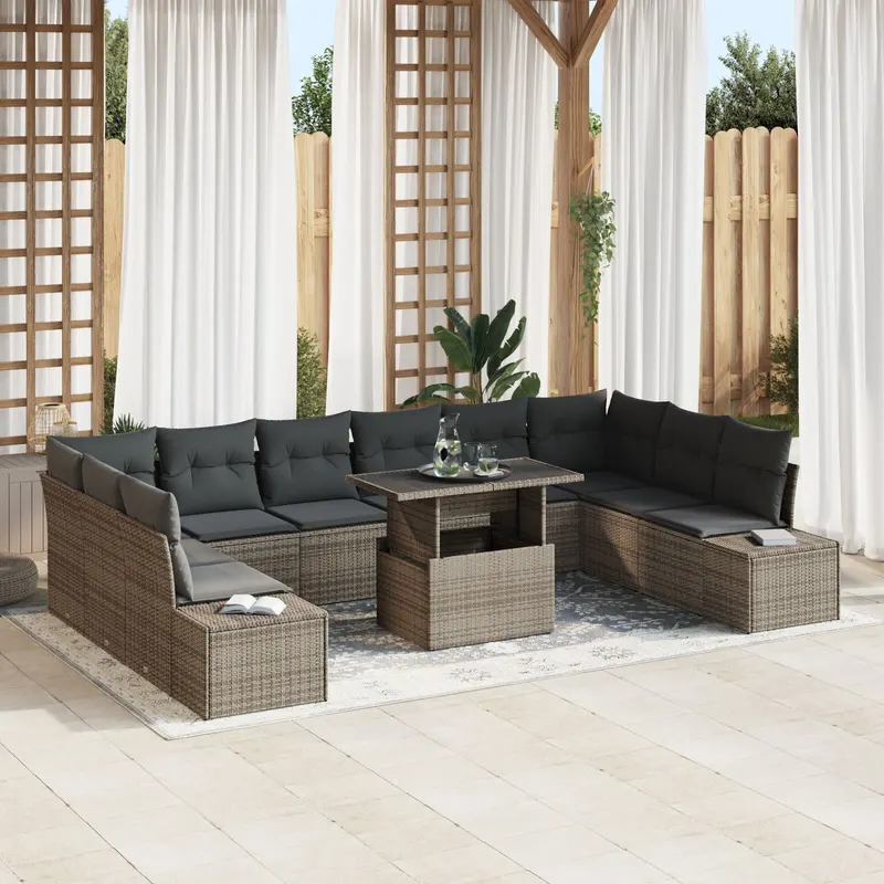 set canapea de gradina , 11 piese, cu perne, gri, ratan poli
