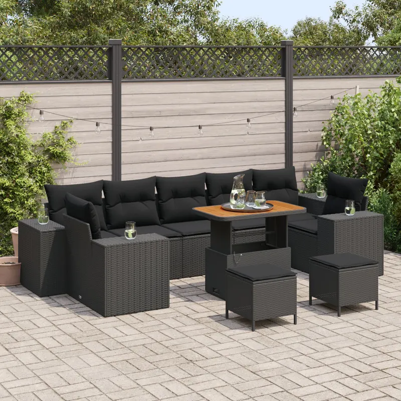 Set de canapea gradina cu 10 piese si perne ratan negru acacia, set de dining gradina cu 3 piese si perne ratan negru acacia