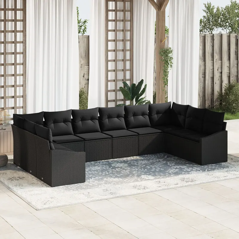 set de canapea pentru gradina in 10 piese cu perne ratan poliester negru