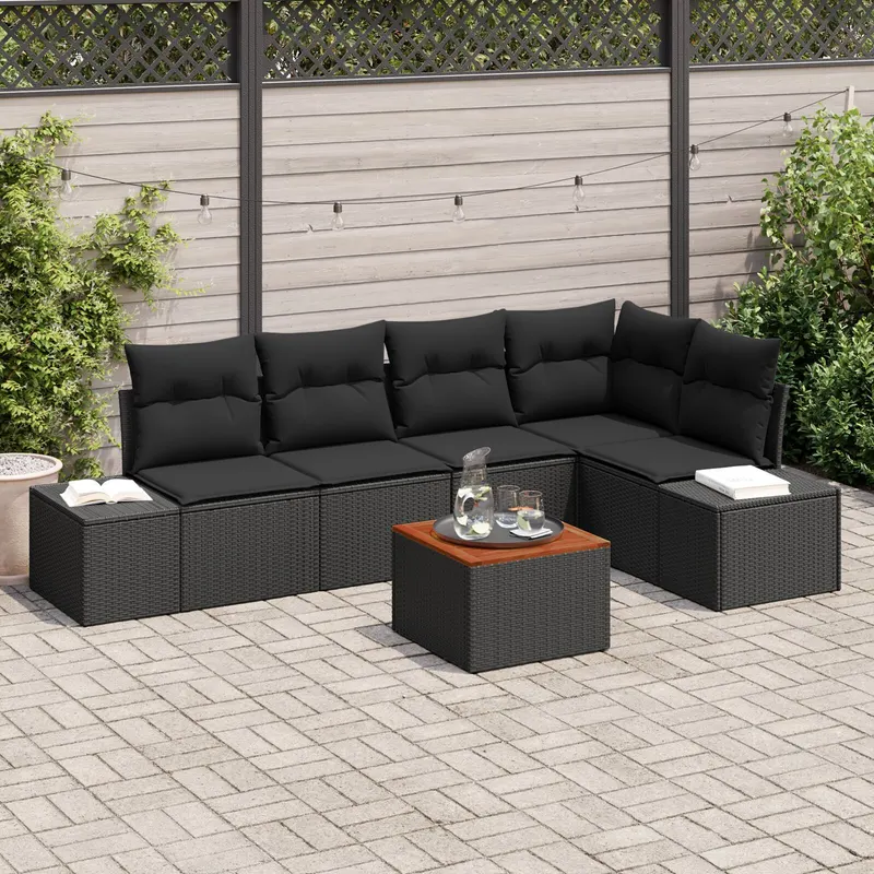 set canapele 6 piese cu perne, poliratan negru, acacia