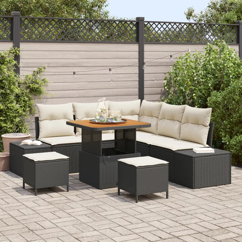 Set de sofa de gradina cu 8 piese cu perne negru poliratan acacia, sofa de gradina cu 2 locuri cu depozitare si perne negru poliratan, set de dining de gradina cu 3 piese cu perne negru poliratan acacia