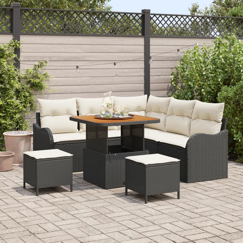 set sofa gradina 8 piese cu perne ratan poli negru acacia