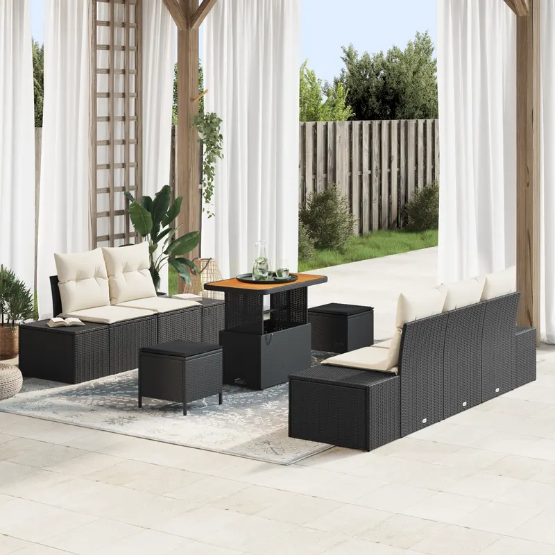 Set canapea gradina 8 piese cu perne negre din poli ratan acacia, canapea gradina 2 locuri cu perne negre din poli ratan, set dining gradina 3 piese cu perne negre din poli ratan acacia
