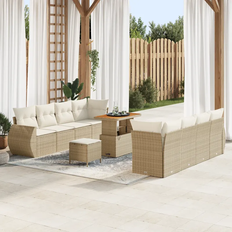 set de canapea pentru gradina din 11 piese cu perne bej din ratan poly si acacia, set de dining pentru gradina din 3 piese cu perne bej din ratan poly si acacia