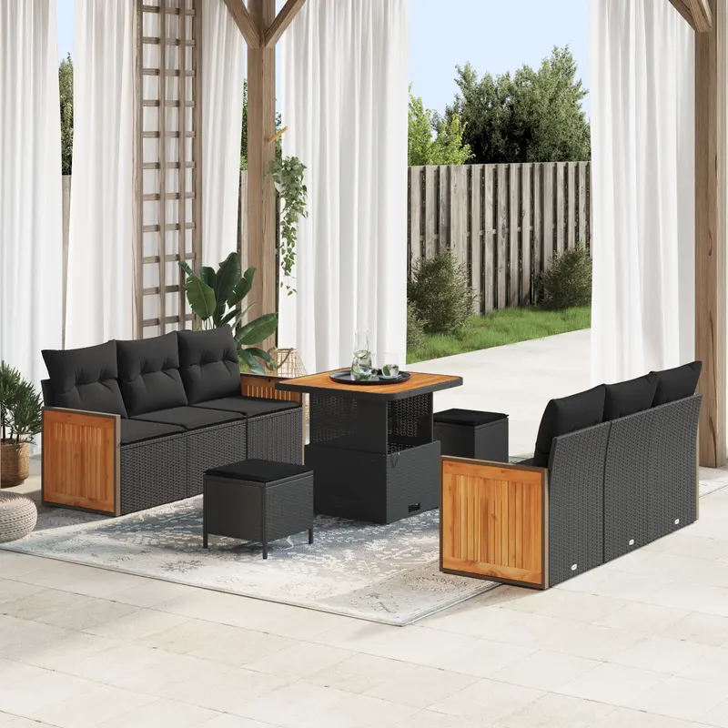 Set de 9 piese de sofa de gradina cu perne negre ratan polimeric acacia, sofa de gradina cu 2 locuri si perne negre ratan polimeric, set de dining de gradina de 3 piese cu perne negre ratan polimeric acacia