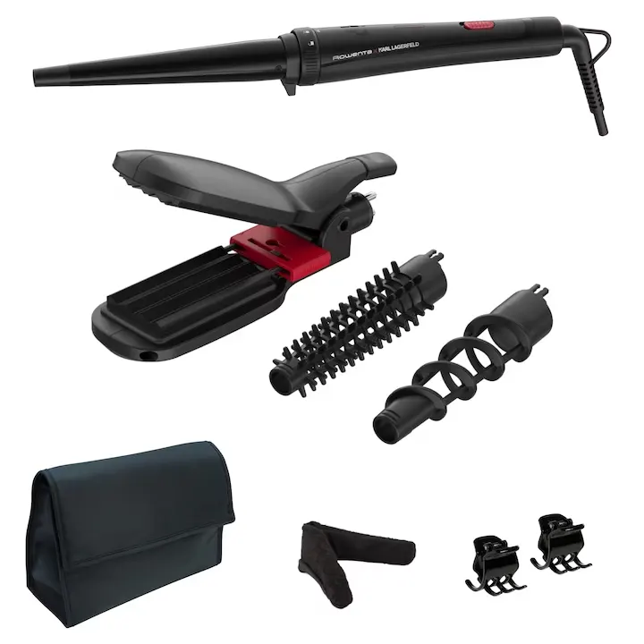 Aparat de coafat 9 in 1 ROWENTA x Karl Lagerfeld Infinite Looks CF422LF0, 9 accesorii, invelis ceramic, 48 W, varf rece, negru rosu