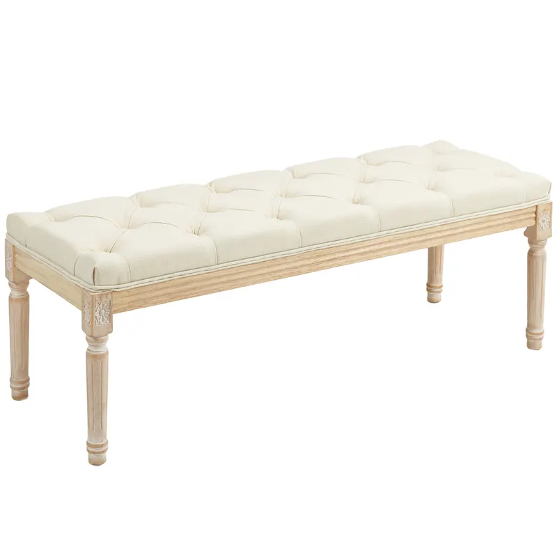 HOMCOM Banchetă clasică capitonată 115cm capăt de pat tapițată în stofă cu aspect de in - lemn de hevea sculptat, patinat - crem