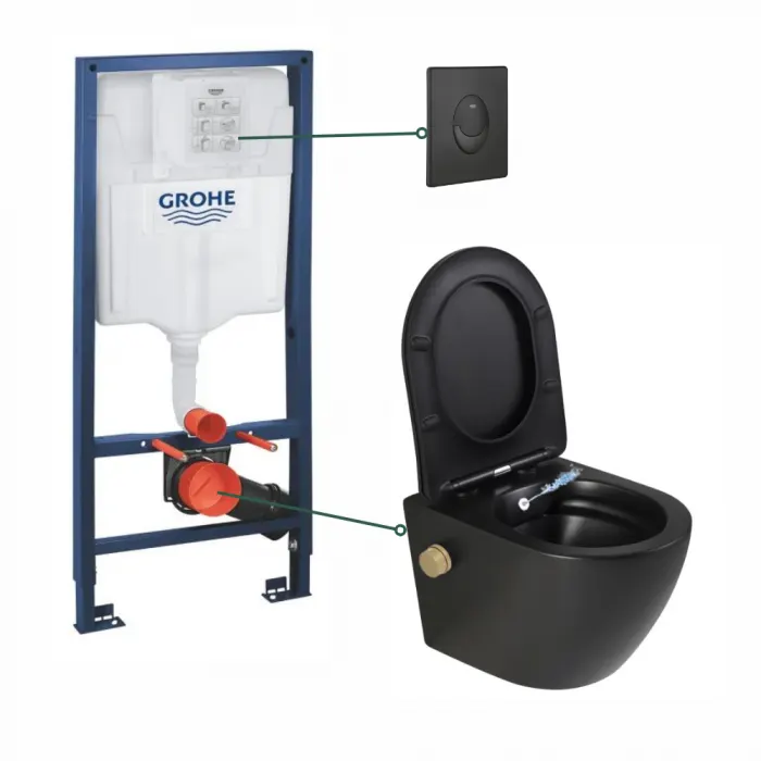 Set vas wc suspendat cu functie bideu si baterie inclusa auriu mat Oslo, rezervor wc incastrat si clapeta negru mat, Grohe