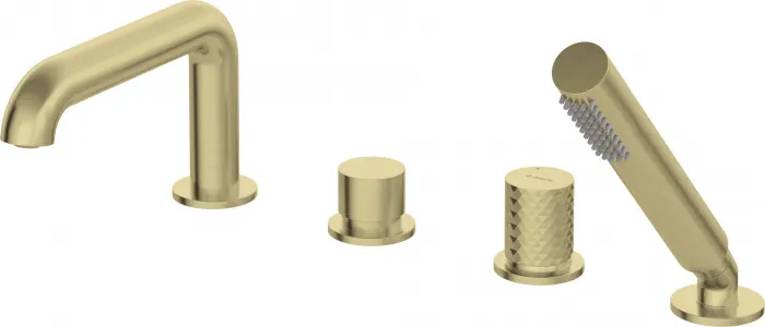 Baterie pentru cada, auriu periat, cu 4 orificii, set dus inclus, Deante Silia Hexa