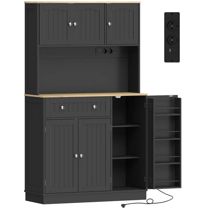 HOMCOM Bufet înalt bucătărie, dulap de bucătărie, stație de încărcare, 6 uși, blat de lucru, suport pentru condimente, 100x40x173cm, negru