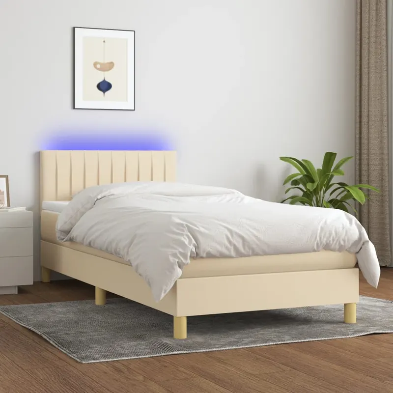 pat cu arcuri, saltea si led, crem, 80x200 cm, textil
