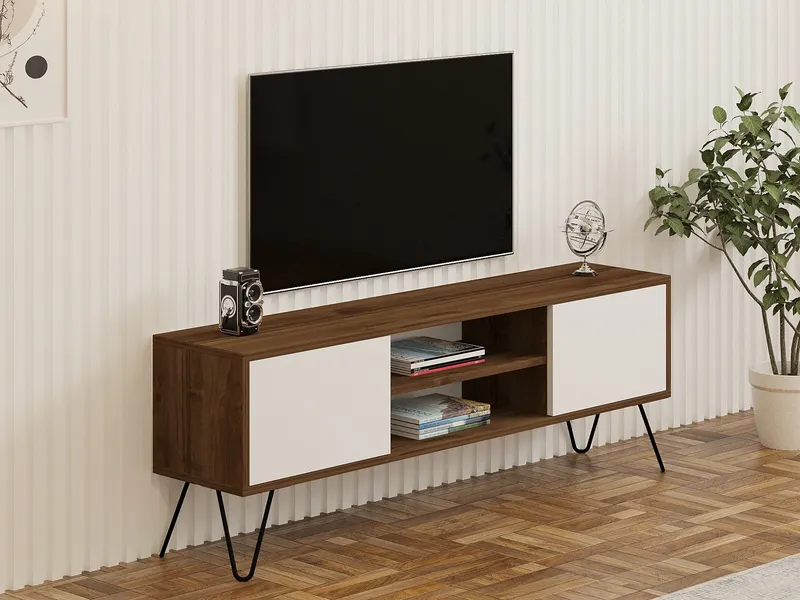 Comodă TV Eva, Nuc - Alb, 140x30x50 cm - Nuc - Alb