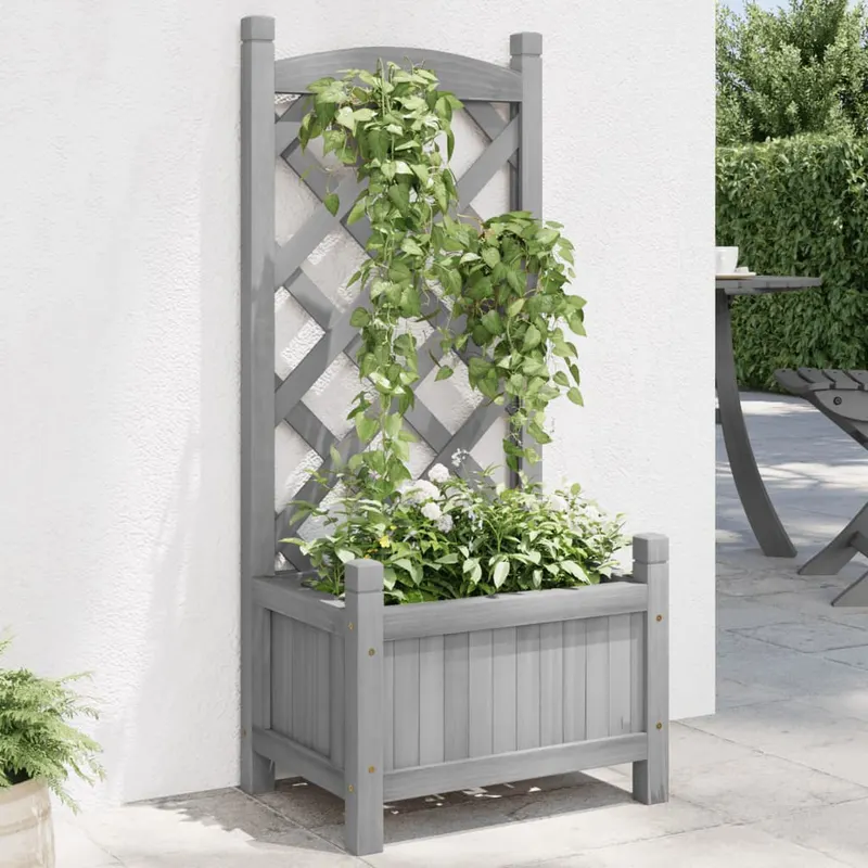 jardiniera cu spalier, gri, lemn masiv de brad