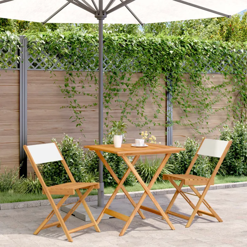 set mobilier bistro, 3 piese, textil alb crem/lemn masiv