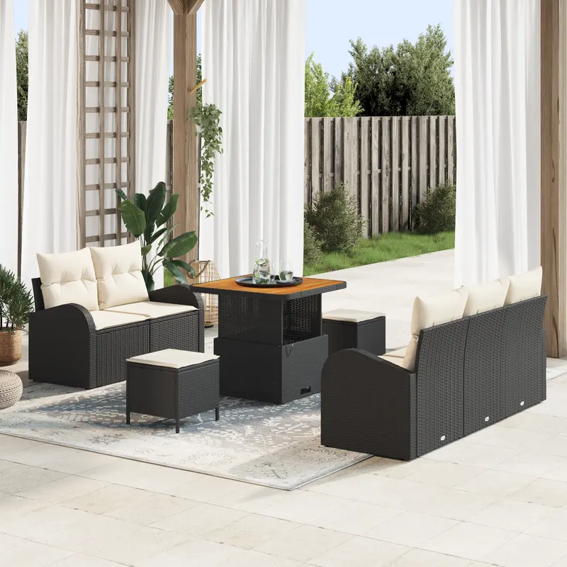 Set de sofa de gradina cu pernute negru ratan polimer acacia, sofa de gradina cu pernute negru ratan polimer, set de dining de gradina cu pernute negru ratan polimer acacia