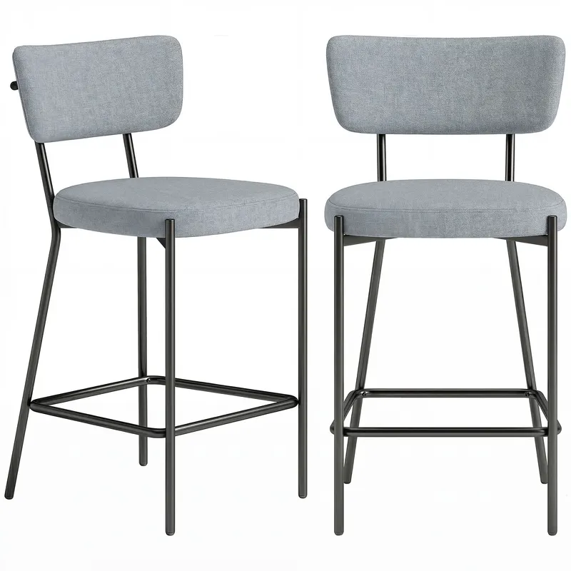 HOMCOM Set de 2 Scaune de Bar cu Spătar și Tapițate, Scaune Înalte din Material Textil cu Bară pentru Sprijinirea Picioarelor și Structură Metalică, Ușor de Asamblat, Gri Deschis