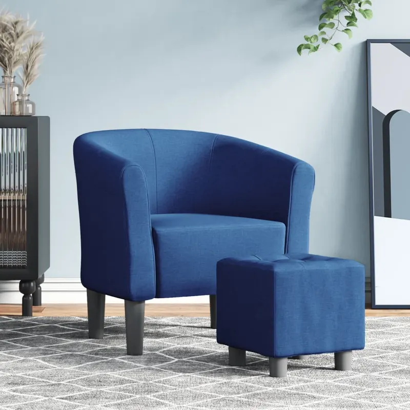 fotoliu tip cuva cu taburet, albastru, material textil