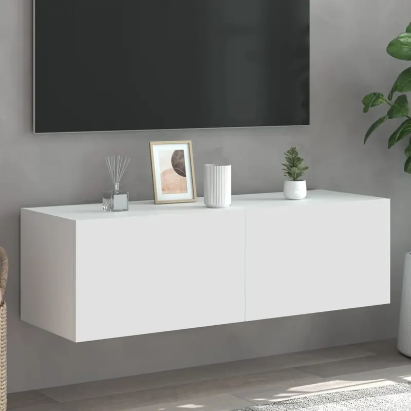 comoda tv de perete cu lumini led, alb, 100x35x31 cm