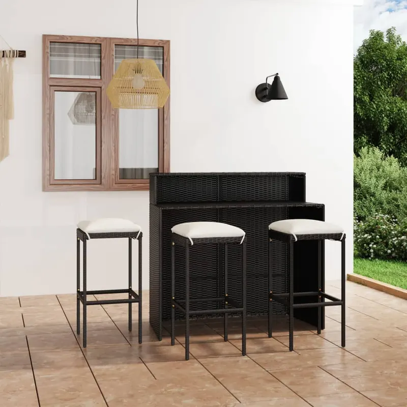 set mobilier bar de gradina cu perne, 4 piese, negru