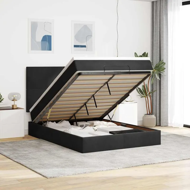 cadru de pat otoman cu saltele, catifea neagra 140x200cm