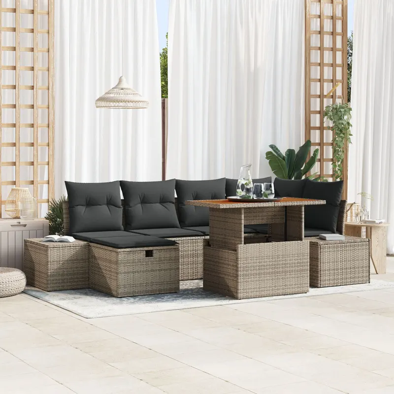 set de dining de gradina cu perne gri din ratan poli