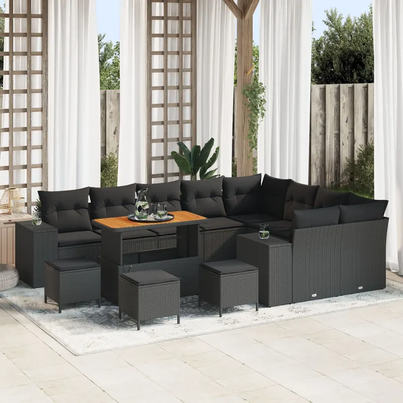 Set canapea pentru gradina cu 12 piese si perne negru ratan poli acacia, set de 3 piese pentru dining in gradina cu perne negru ratan poli acacia