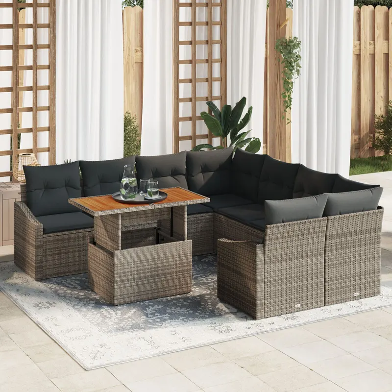 set de dining pentru gradina cu 9 piese cu perne gri ratan poli