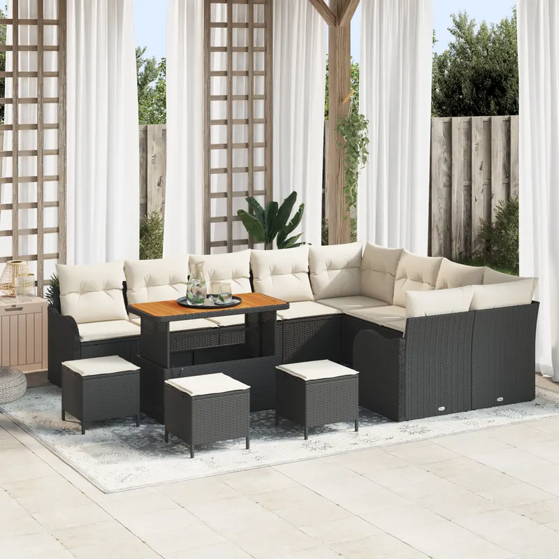 Set de canapea de gradina cu 13 piese cu perne, ratan negru, set de canapea de gradina cu 2 locuri cu depozit si perne, ratan negru, set de dining pentru gradina cu 4 piese cu perne, ratan negru