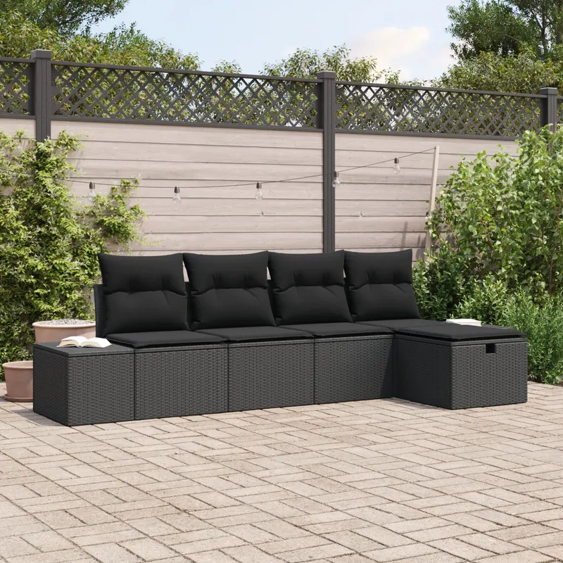 set canapea de gradina cu perne negre ratan poliester