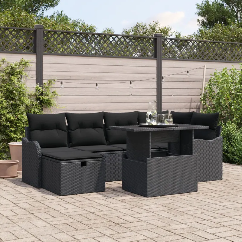 Set de canapea de gradina cu 7 piese cu perne ratan negru , canapea de gradina cu 2 locuri cu perne ratan negru