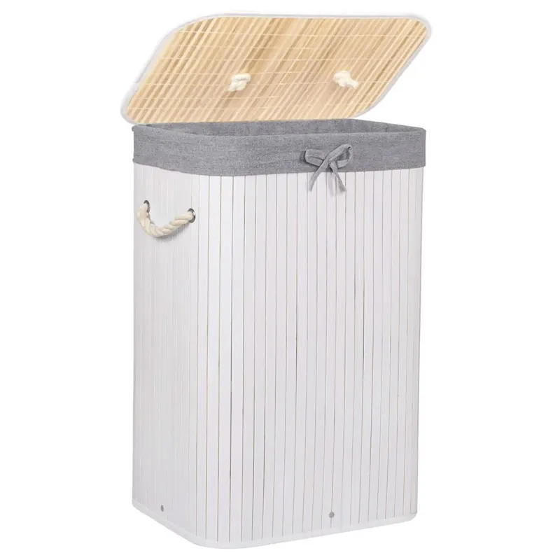 Cos de rufe cu capac, din bambus cu sac textil detasabil, 72 litri, 40x28x60 cm, alb si gri