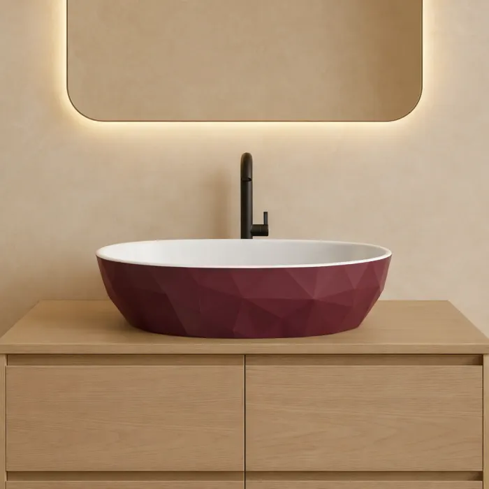 Lavoar pe blat din compozit, burgundy cu interior alb, oval, forme 3D, Armonia Slim