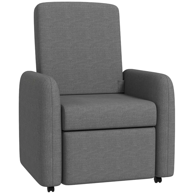 HOMCOM Fotoliu Reglabil Manual cu Suport pentru Picioare și 4 Rotile Tapițat cu Material Textil, 76x78,5x102 cm, Gri