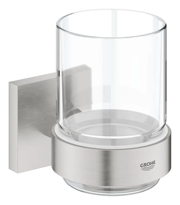 Pahar baie Grohe 41097DC0, Start Cube, pe perete, metal sticla, mat, otel satinat