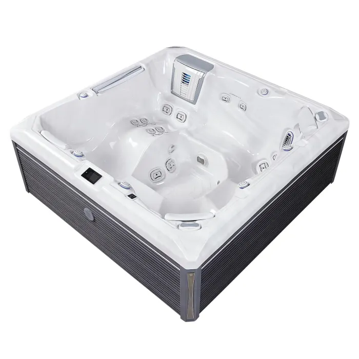 Minipiscina jacuzzi 6 persoane, alb-lucios, 43 jeturi, Infinity jets, WiFi, sistem audio, 215 215 cm, Wellis Atlas Deluxe