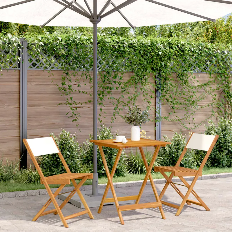 set mobilier bistro, 3 piese, textil alb crem/lemn masiv